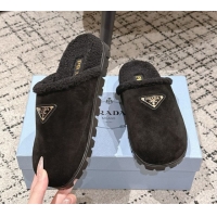 Sophisticated Prada Suede and Shearling Flat Mules Black 2025 PR102702 1027027