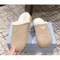 Sumptuous Prada Suede and Shearling Flat Mules Taupe 2025 PR102702 1027029