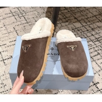 Top Grade Prada Suede and Shearling Flat Mules Dark Brown 2025 PR102702 1027030