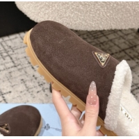Top Grade Prada Suede and Shearling Flat Mules Dark Brown 2025 PR102702 1027030