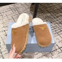Top Grade Prada Suede and Shearling Flat Mules Brown2 2025 PR102702 1027031