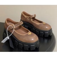 Luxurious Prada Faded Leather Monolith Platform Mary Janes Shoes 5cm Brown 2025 1F080O 1027041
