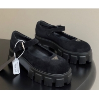 Good Looking Prada Suede Monolith Platform Mary Janes Shoes 5cm Black 2025 1F080O 1027042
