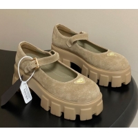 Unique Style Prada Suede Monolith Platform Mary Janes Shoes 5cm Beige 2025 1F080O 1027043