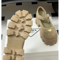 Unique Style Prada Suede Monolith Platform Mary Janes Shoes 5cm Beige 2025 1F080O 1027043