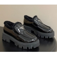 Best Grade Prada Patent Leather and Wool Platform Loafers 5cm Black 2025 1D185O 1027045