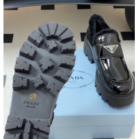 Best Grade Prada Patent Leather and Wool Platform Loafers 5cm Black 2025 1D185O 1027045