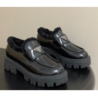 Best Product Prada Brushed Leather and Wool Platform Loafers 5cm Black 2025 1D185O 1027046