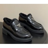 Sumptuous Prada Brushed Leather and Wool Loafers Black 2025 1D246M 1027047