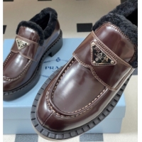 Stylish Prada Brushed Leather and Wool Loafers Brown 2025 1D246M 1027048