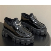 Popular Style Prada Monolith Patent Leather and Wool Platform Loafers 5cm Black 2025 1D649M 1027049
