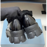 Popular Style Prada Monolith Patent Leather and Wool Platform Loafers 5cm Black 2025 1D649M 1027049