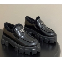 Most Popular Prada Monolith Brushed Leather and Wool Platform Loafers 5cm Black 2025 1D649M 1027050