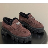 Pretty Style Prada Monolith Suede and Wool Platform Loafers 5cm Brown 2025 1D649M 1027051