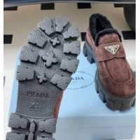 Pretty Style Prada Monolith Suede and Wool Platform Loafers 5cm Brown 2025 1D649M 1027051