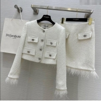 Well Crafted Saint Laurent Tweed Jacket & Skirt with Ostrich Feather S92516 White 2025