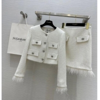 Well Crafted Saint Laurent Tweed Jacket & Skirt with Ostrich Feather S92516 White 2025