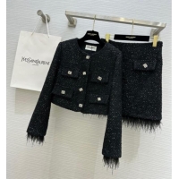Big Discount Saint Laurent Tweed Jacket & Skirt with Ostrich Feather S92517 Black 2025