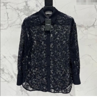 Promotional Saint Laurent Crochet Lace Shirt with Sequins 1015 Black 2025