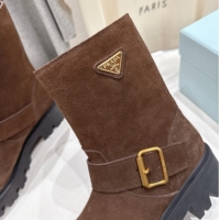 Classic Hot Prada Suede Platform Booties 5cm with Buckle Brown2 2025 1U187O 1027071