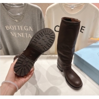 Low Price Prada Leather Flat High Boots with Buckle Brown 2025 PR102703 1027073