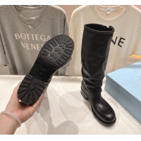 Best Grade Prada Leather Flat High Boots with Buckle Black 2025 PR102703 1027074