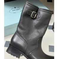 Top Design Prada Leather Heel Ankle Boots 4cm with Buckle Black 2025 PR102704 1027075 