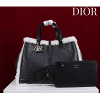 Buy Discount Dior DiorAlps Large Toujours Tote Bag in Black Macrocannage Crinkled Calfskin and White Merino Wool D2039 2