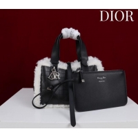 Shop Fashion Dior DiorAlps Small Toujours Tote Bag in Black Macrocannage Crinkled Calfskin and White Merino Wool D2041 2