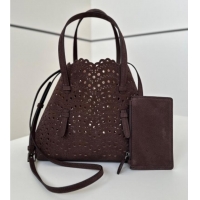 Best Price Alaia Mina Tote Bag in Vienne Openwork Suede 8819L Dark Brown 2025