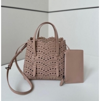 Luxury Cheap Alaia Mina Tote Bag in Vienne Openwork Leather 8819S Pink 2025