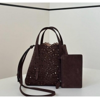 Top Grade Alaia Mina Tote Bag in Vienne Openwork Suede 8819S Dark Brown 2025
