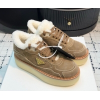 Top Grade Prada Suede and Wool Platform Mid-top Sneakers 5cm Brown2 2025 1T725N 1027096