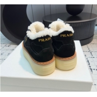 Good Quality Prada Suede and Wool Platform Mid-top Sneakers 5cm Black 2025 1T725N 1027097