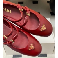 Best Grade Prada Patent Leather ballerinas flat with Double Buckle Red 2025 1F794N 1027102