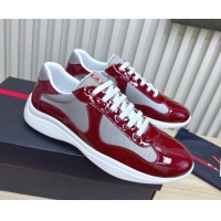 Popular Style Prada Men's America's Cup Bike Patent Leather and Fabric Sneakers Burgundy 2025 3E6420 1027120