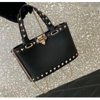 Best Quality Valentino Rockstud Mini Shopping Bag In Grainy Calfskin Leather 0366S Black/Gold 2025