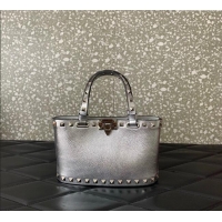 Promotional Valentino Rockstud Mini Shopping Bag In Metallic Grainy Calfskin Leather 0366S Silver 2025