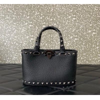 Top Quality Valentino Rockstud Mini Shopping Bag In Grainy Calfskin Leather 0366S Black/Silver 2025