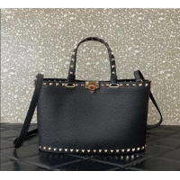 Top Quality Valentino Rockstud Shopping Bag In Grainy Calfskin Leather 0377M Black 2025