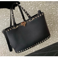 Top Quality Valentino Rockstud Shopping Bag In Grainy Calfskin Leather 0377M Black 2025