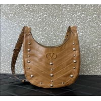 Top Grade Valentino Hoboho Small Hobo Bag In Chevron-Patterned Nappa Leather with Studs 0073S Brown 2025