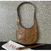 Top Grade Valentino Hoboho Small Hobo Bag In Chevron-Patterned Nappa Leather with Studs 0073S Brown 2025