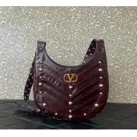 Best Price Valentino Hoboho Small Hobo Bag In Chevron-Patterned Nappa Leather with Studs 0073S Burgundy 2025