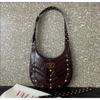 Best Price Valentino Hoboho Small Hobo Bag In Chevron-Patterned Nappa Leather with Studs 0073S Burgundy 2025