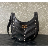 Grade Design Valentino Hoboho Small Hobo Bag In Chevron-Patterned Nappa Leather with Studs 0073S Black 2025