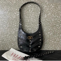 Grade Design Valentino Hoboho Small Hobo Bag In Chevron-Patterned Nappa Leather with Studs 0073S Black 2025