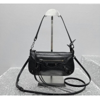 Inexpensive Balenciaga Le City Moto Small Shoulder Bag in Arena Storico Lambskin 92601 Black 2025