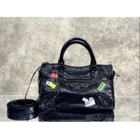 Buy Discount Balenciaga Le City Bag Small in black Arena Storico lambskin with printed stickers B0623 2025