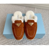 Grade Quality Prada Suede and Shearling Mules P112003 Dark Brown 2025 (Women and Men)